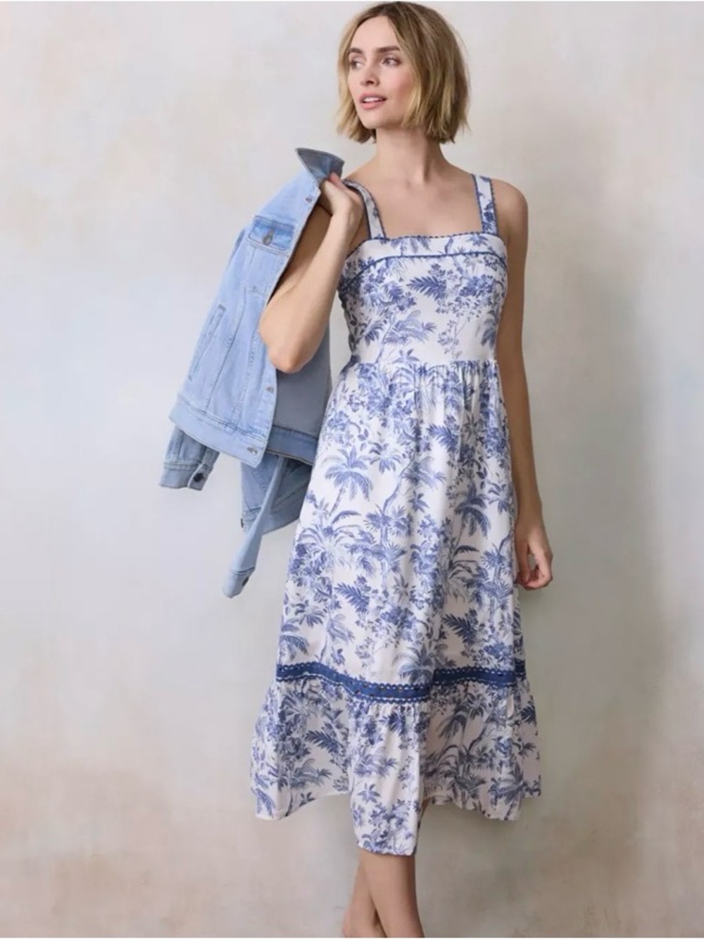 Lauren Conrad Womens Plus 2X Blue White Tropical Palm Toile Midi Dress NEW